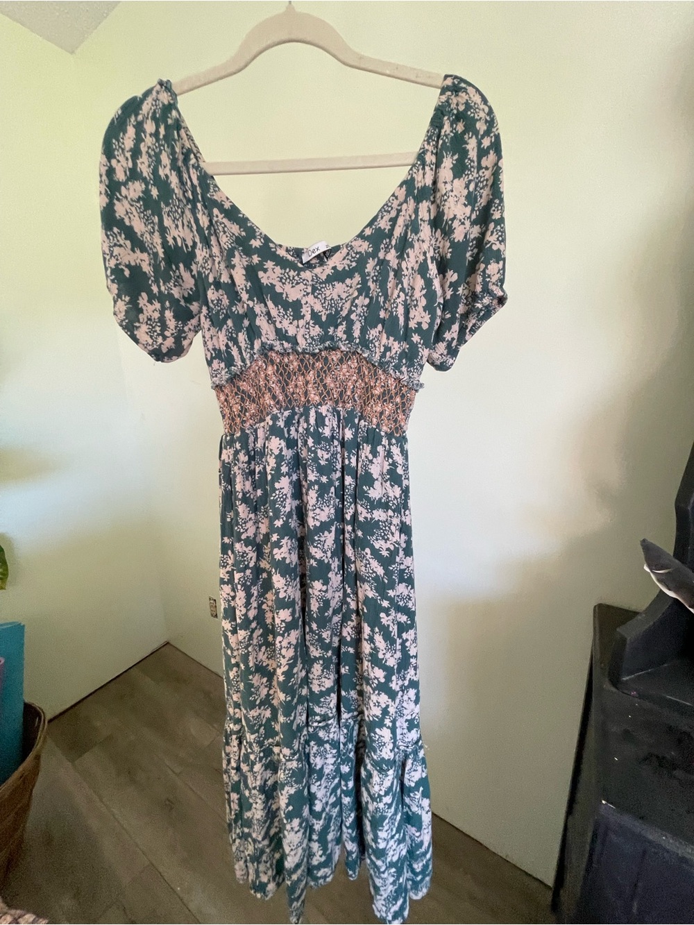 Dex Teal and Cream Floral Maxi Dress with Smocked Waist